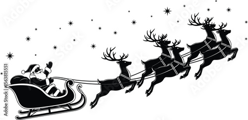 Silhouette of Santa Claus riding sleigh with flying reindeer, starry night background, symbolizing Christmas Eve, magic, tradition, winter holiday, and festive spirit