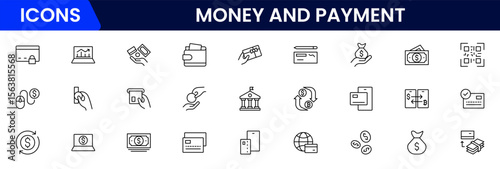Money and payment are simple, minimal, thin line icons. Related money, credit card, atm, purchase, bill. Editable stroke. Vector illustration.