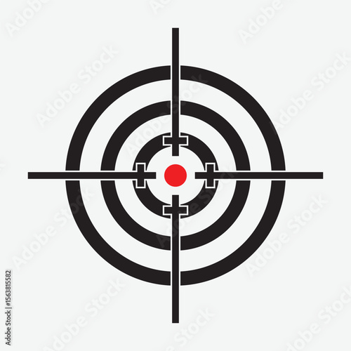 Simple flat target icon with concentric black and white circles, centered red dot, and crosshairs. Minimalist, geometric design with top-down view and no background.