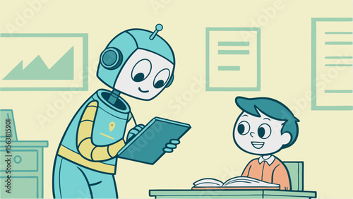 Friendly Robot Assistant Helping Young Boy Learn at Desk in Classroom Setting, AI Tutoring and Future Education Concept Illustration
