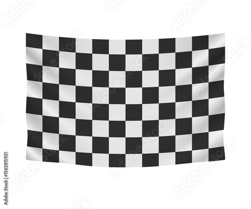 Realistic hanging checkered finish flag. Empty fabric banner illustration design.