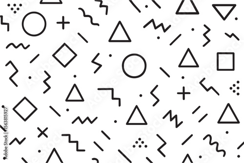 Minimalist black and white vector pattern featuring Memphis style abstract curves, geometric shapes, and bold lines, all outlined in clean black strokes.
