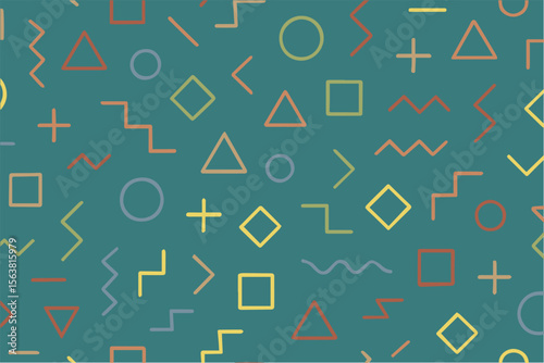 Bright and dynamic vector background in Memphis style, showcasing colorful lines, curved shapes, and abstract geometric patterns with a modern artistic flair.