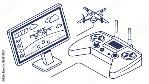 Drone or RC Plane Control System Isometric Illustration: Remote Controller, Monitor with Flight Interface, and UAV Connected by Lines
