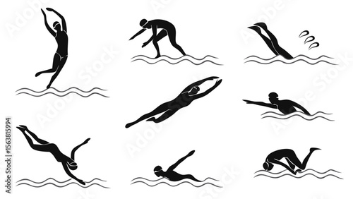 Silhouette Collection of Swimmers in Various Action Poses, Isolated on White Background