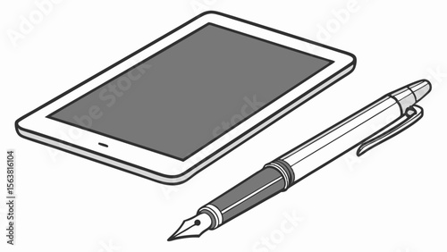 Digital Tablet and Classic Fountain Pen Icon - Technology and Tradition in Isometric Style