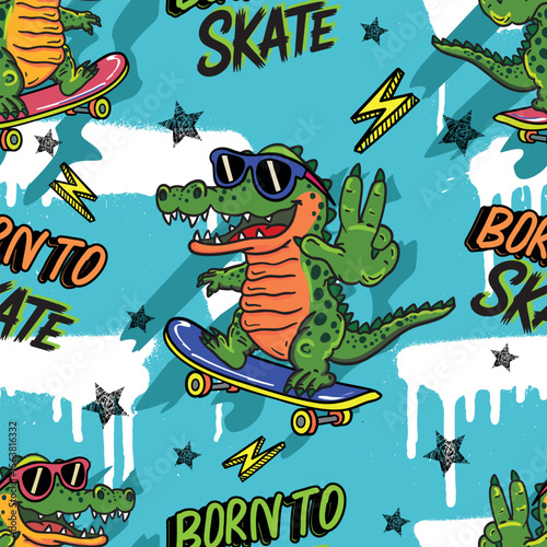 Bright cool seamless pattern with crocodile on a skateboard. graffiti background with crocodile .For textile, kids wear, fabric and more