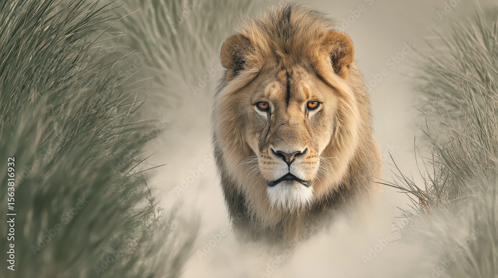 Obraz premium Majestic Lion Portrait: A striking portrait of a male lion, showcasing his magnificent mane and intense gaze as he emerges from a sandy path.