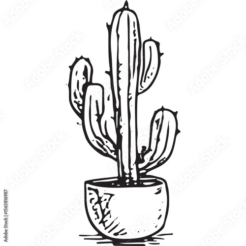 Stylish hand-drawn potted cactus with spiky arms, perfect for desert decor, botanical art, and modern interior designs