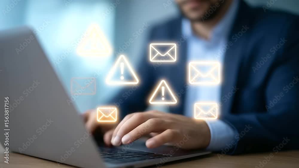 A businessman types on his laptop as phishing alert icons loom ominously in the background.