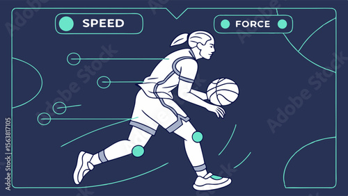 Female Basketball Player Dribbling with Speed and Force Data. Motion Analysis Illustration for Sports Performance and Biomechanics.