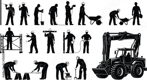 Construction worker silhouettes performing tasks with tools, industrial labor scene, white background, black figures using shovels, drills, spray guns, ladders, and measuring instruments