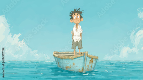 A sad cartoon man is lost at sea, alone in a small, old boat.
