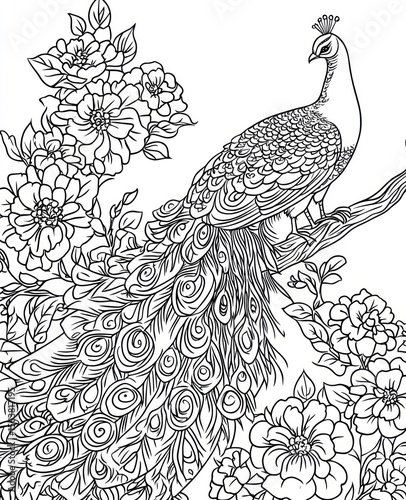 Peacock coloring page, floral design, for adults, coloring book, artistic