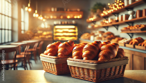 Wallpaper Mural A cozy and inviting bakery scene featuring baskets filled with golden, flaky croissants arranged neatly on a counter Torontodigital.ca