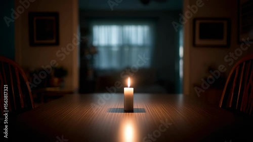 Single candle on a wooden table in a dimly lit room.