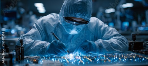 Scientist working on microchip at semiconductor factory laboratory. Generative AI technology.	
