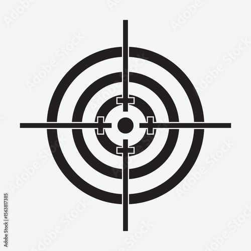 Simple flat target icon with concentric black and white circles, centered red dot, and crosshairs. Minimalist, geometric design with top-down view and no background.