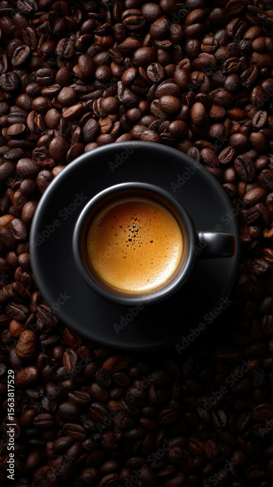 Fototapeta premium A rich cup of espresso sits elegantly atop a bed of roasted coffee beans, showcasing the beauty and aroma of freshly brewed coffee.