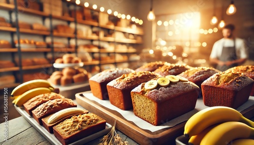 Wallpaper Mural A cozy and inviting bakery scene featuring trays filled with freshly baked banana bread arranged neatly on a counter Torontodigital.ca