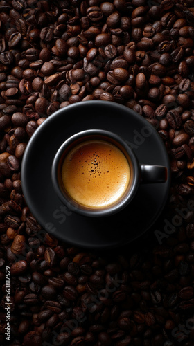 A rich cup of espresso sits elegantly atop a bed of roasted coffee beans, showcasing the beauty and aroma of freshly brewed coffee.