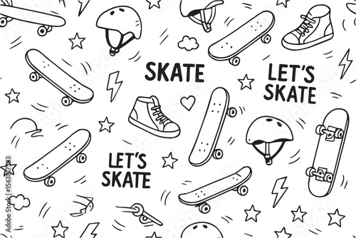 Vector doodle background featuring playful skateboard elements like boards, ramps, and motion lines, capturing the energetic spirit of skateboarding culture.