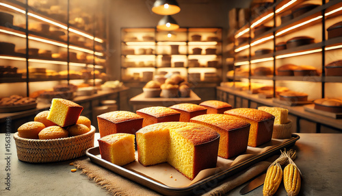 Wallpaper Mural A cozy and inviting bakery scene featuring trays filled with freshly baked cornbread arranged neatly on a counter Torontodigital.ca