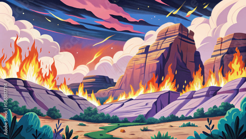 canyon fire illuminates towering red rock formations with a fiery glow, creating a dramatic and hazardous landscape under the scorching desert heat
