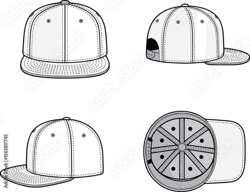 Baseball Cap Vector with Front, Back, Side, Bottom Views, Fashion Accessory Mockup, Headwear Illustration for Apparel Design, Stitch Detail Graphic