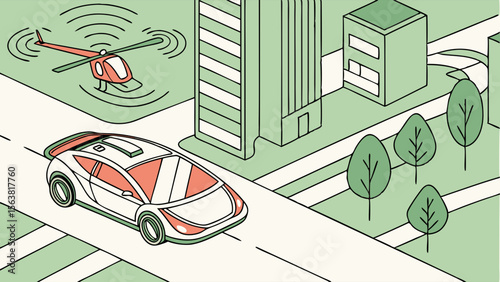 Futuristic Urban Mobility: Autonomous Car and Connected Helicopter in a Modern Smart City Landscape Illustration