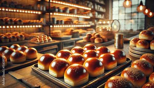 Wallpaper Mural A cozy and inviting bakery scene featuring trays filled with freshly baked golden buns arranged neatly on a counter Torontodigital.ca