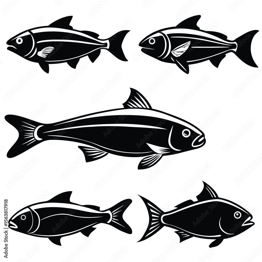 Fototapeta premium Black fish silhouettes white aquatic