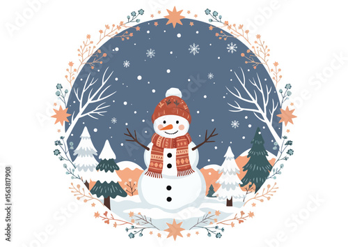Cheerful snowman in a snowy landscape, holiday and winter concept