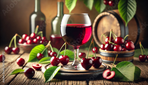 Wallpaper Mural A rustic still-life of a deep red cherry wine glass on a wooden table Torontodigital.ca