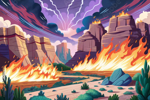 canyon fire illuminates towering red rock formations with a fiery glow, creating a dramatic and hazardous landscape under the scorching desert heat