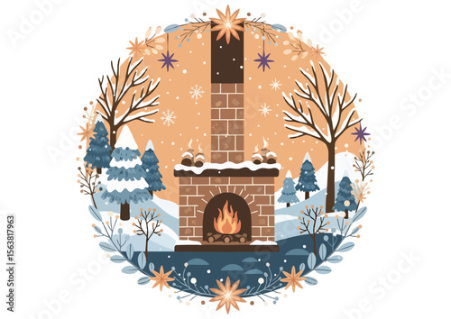 Cozy fireplace in a winter landscape, holiday and warmth concept