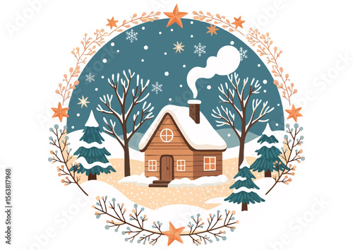 Cozy winter cabin in a snowy landscape, holiday and warmth concept