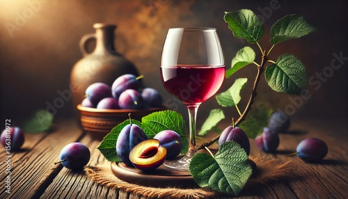 Wallpaper Mural A rustic still-life of a plum-colored wine glass on a wooden table Torontodigital.ca