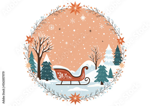 Festive sleigh in a snowy landscape, holiday and winter concept