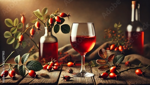 Wallpaper Mural A rustic still-life of a rose hip wine glass on a wooden table Torontodigital.ca