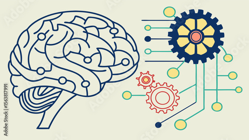 Artificial Intelligence and Machine Learning Concept: Human Brain Connected to Gears and Digital Circuitry, Representing Cognitive Processing and T...