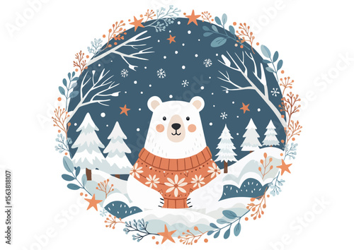 Cozy polar bear in a sweater in a snowy landscape, holiday and winter concept