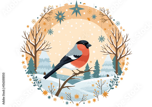 Winter bullfinch on a branch in a snowy landscape, nature and holiday concept