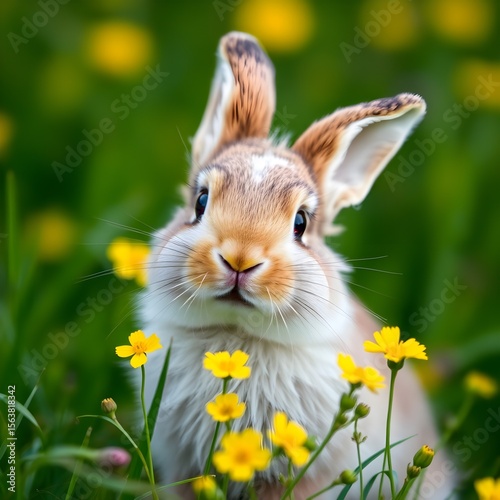 It features a lovely rabbit sitting among yellow flowers.