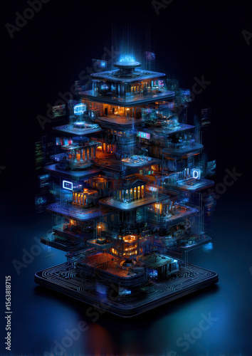 This visually stunning image showcases a futuristic digital city with multiple interconnected layers, illuminating the potential of technology and creativity in building advanced environments.