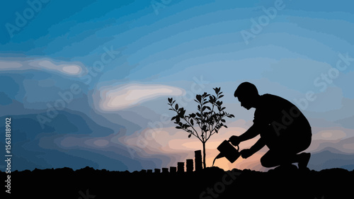 Growing investment concept shows a silhouette watering a young tree beside increasing stacks of coins in the glowing sunset.