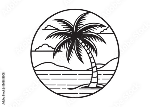 Beach with Palm Tree Silhouette Vector, Beach with Palm Tree Icon