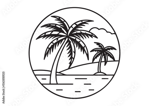 Beach with Palm Tree Silhouette Vector, Beach with Palm Tree Icon
