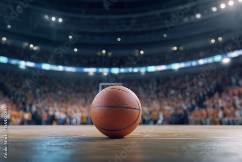 basketball ball on court with blurred arena crowd in background under bright stadium lights during game