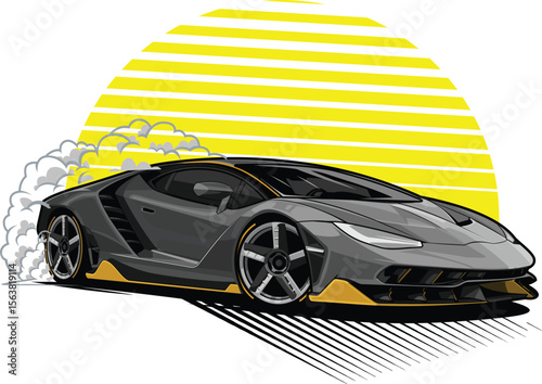 Silver sports car with yellow sun background vector design 